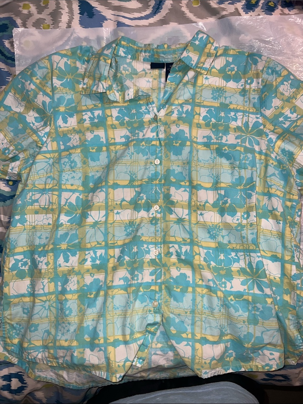 Basic Editions Aqua and Yellow Floral Short-Sleeve Button-Down Shirt